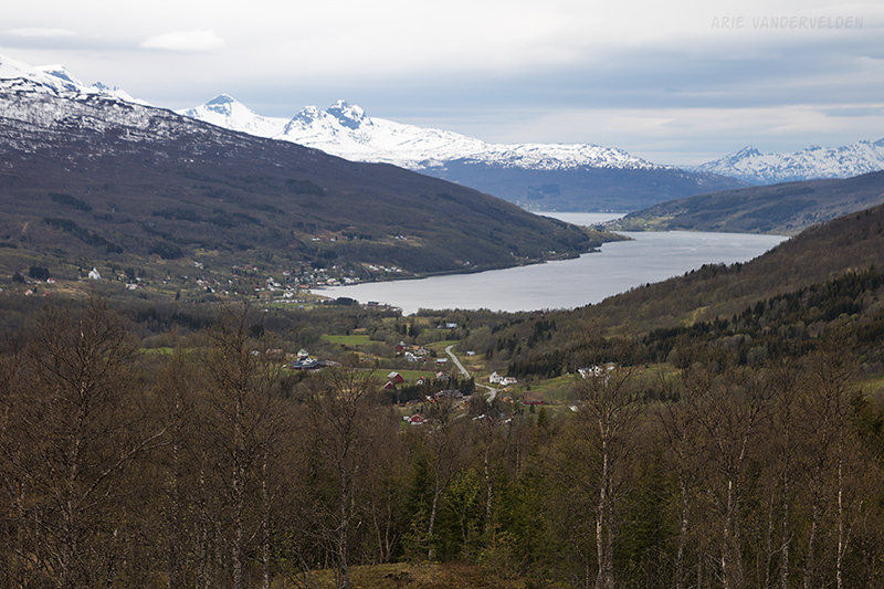 View to a village at the head of a fjord.